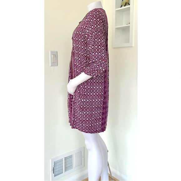 purple and white ikat geometric print flowy 3/4 sleeve tunic dress - Picture 4 of 16